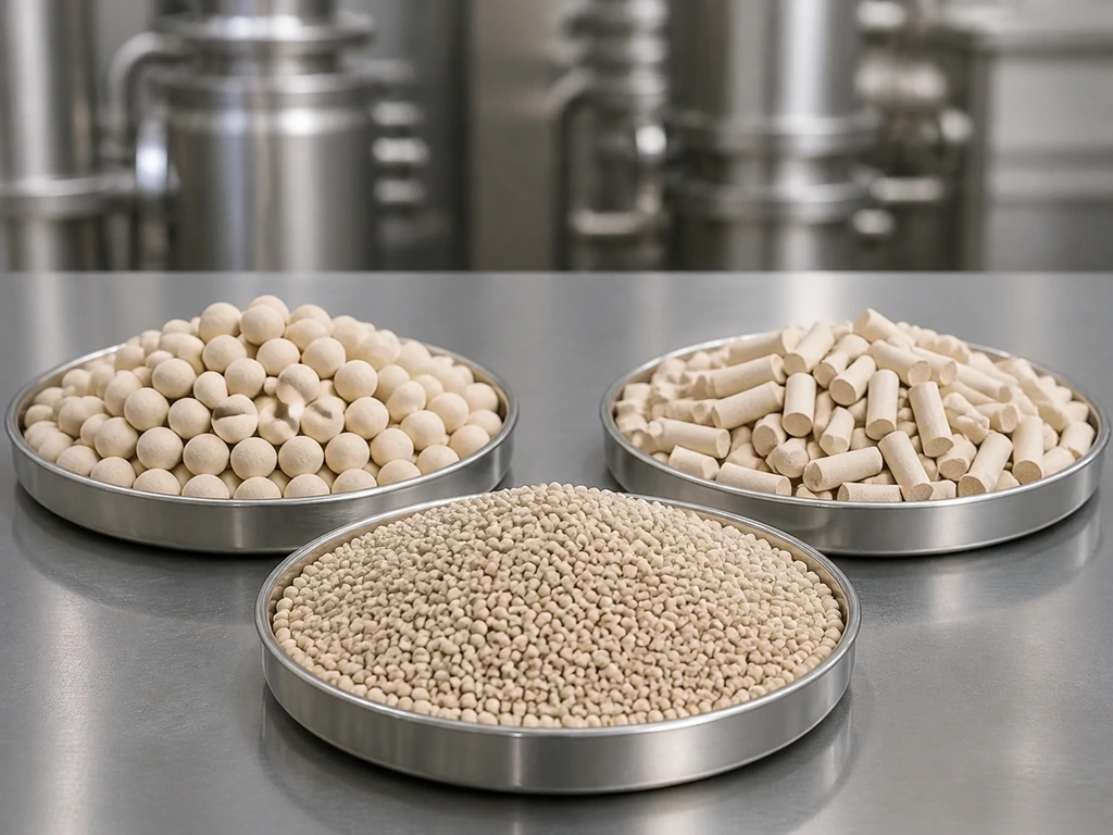 Spherical and extruded molecular sieve adsorbent products arranged for industrial quality inspection.