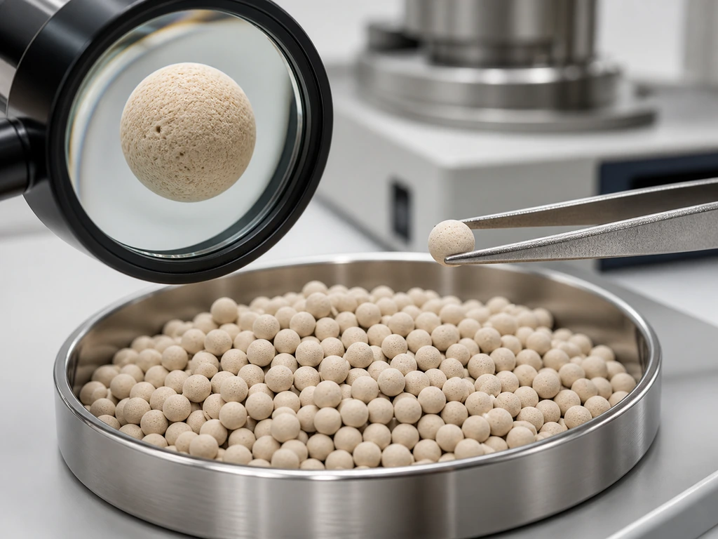Lithium molecular sieve beads undergoing detailed material inspection in quality control.