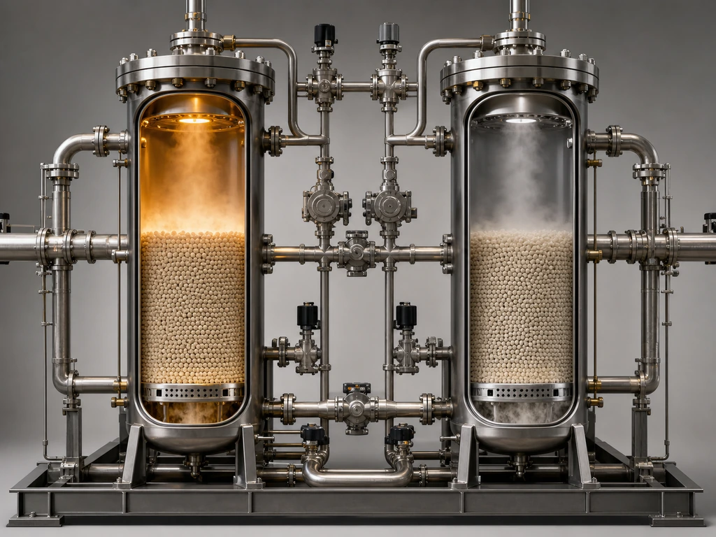 Cutaway twin-bed PSA system alternating between pressurized adsorption and depressurized regeneration.