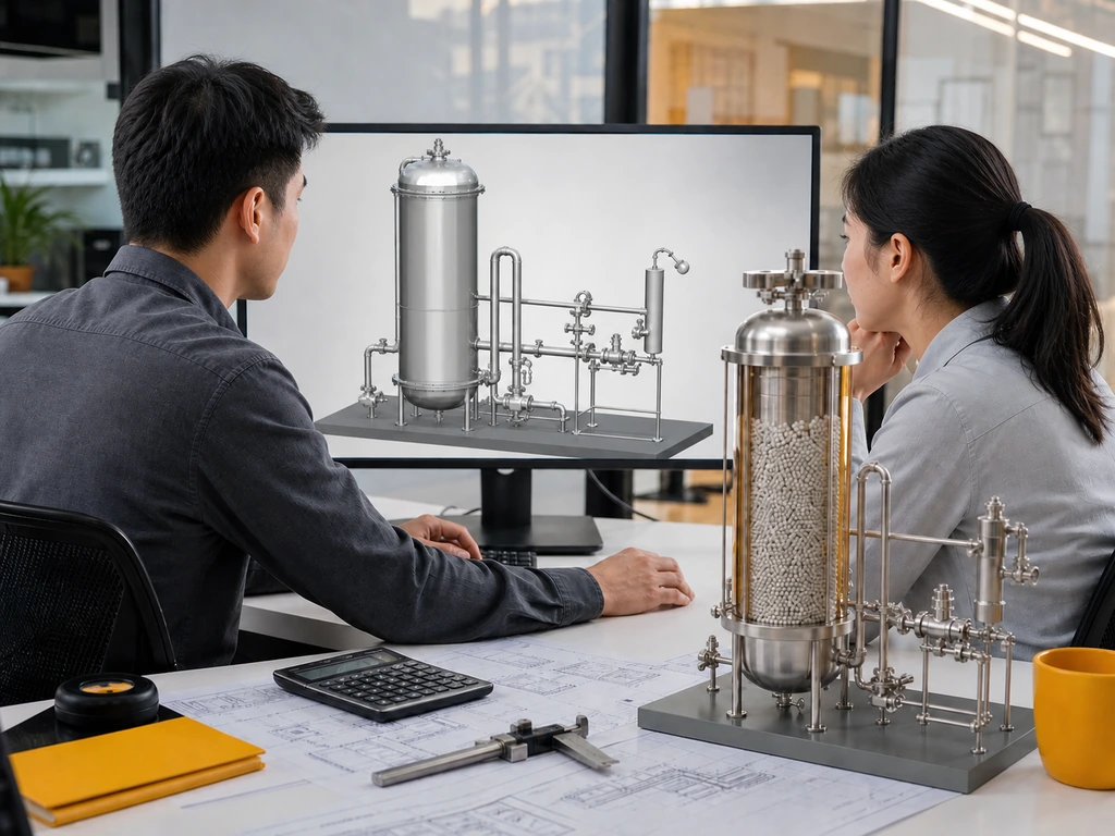 Asian process engineers reviewing adsorption vessel dimensions and packed-bed geometry.