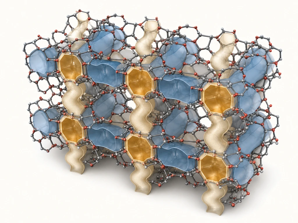 Cutaway visualization of the straight and sinusoidal channels in the ZSM-5 MFI framework.