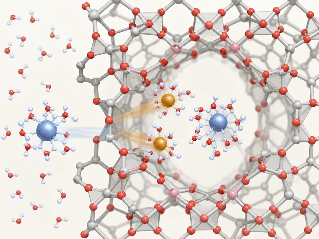 Hydrated divalent cation replacing two monovalent cations inside a charged zeolite pore.