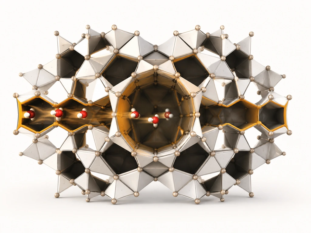 Three-dimensional zeolite framework showing interconnected cages and channels at the nanoscale.