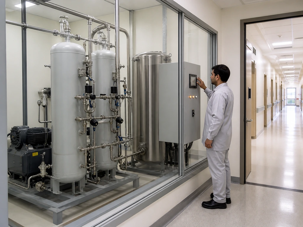 Hospital central oxygen supply room using an on-site PSA oxygen generation system.