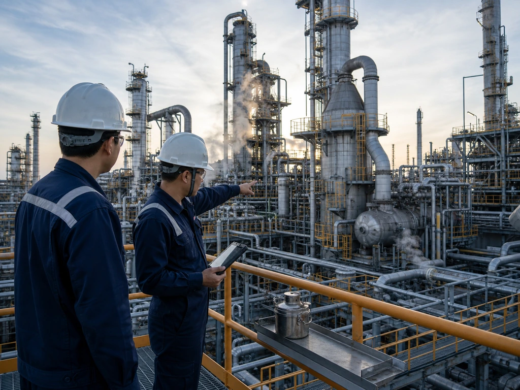 Asian refinery engineers inspecting a fluid catalytic cracking unit that uses zeolite catalyst.