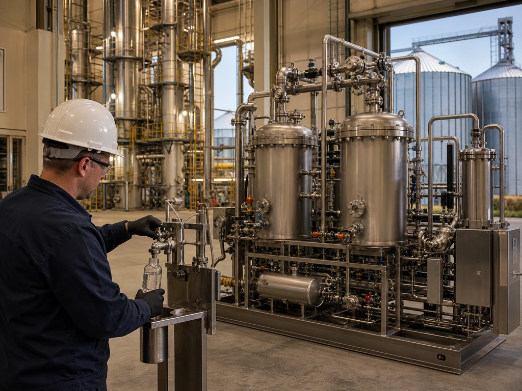 Molecular sieve dehydration skid producing fuel-grade ethanol at a modern bioethanol plant.