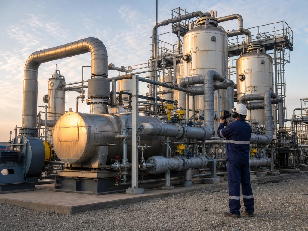 Engineer inspecting a molecular sieve regeneration train during controlled heating.