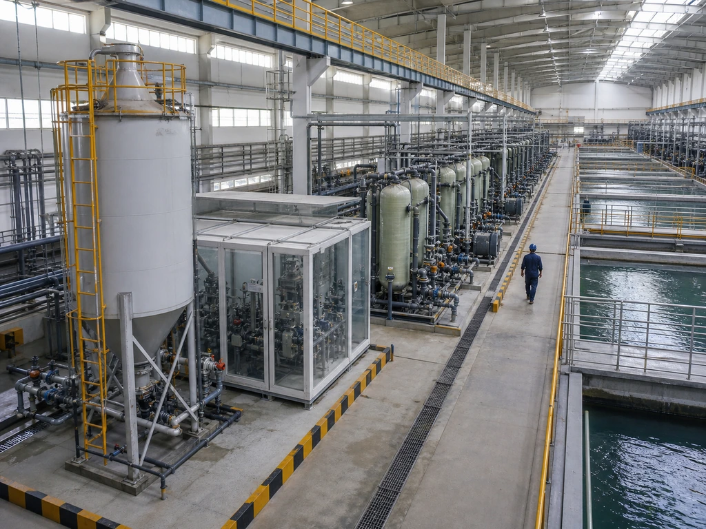 Enclosed zeolite dosing and ion exchange systems at an industrial water treatment plant.
