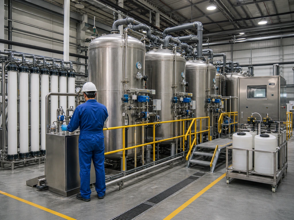 Closed zeolite ion exchange columns removing hardness and heavy metals from industrial water.