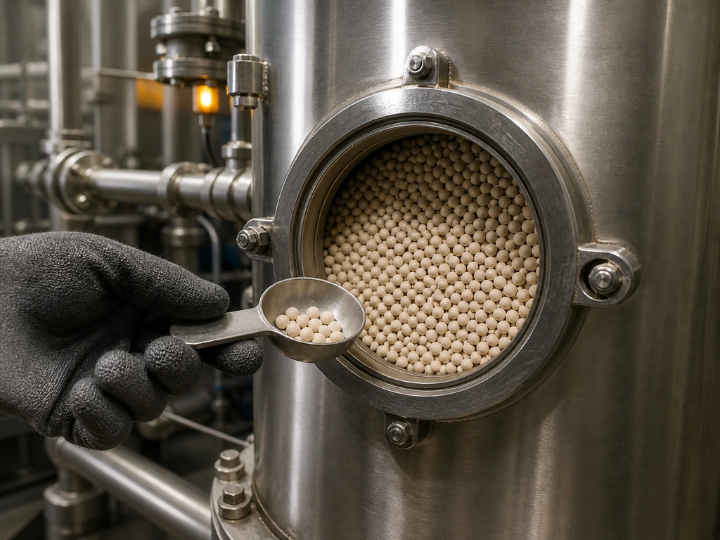 Industrial molecular sieve regeneration vessel with adsorbent sampling for quality inspection.