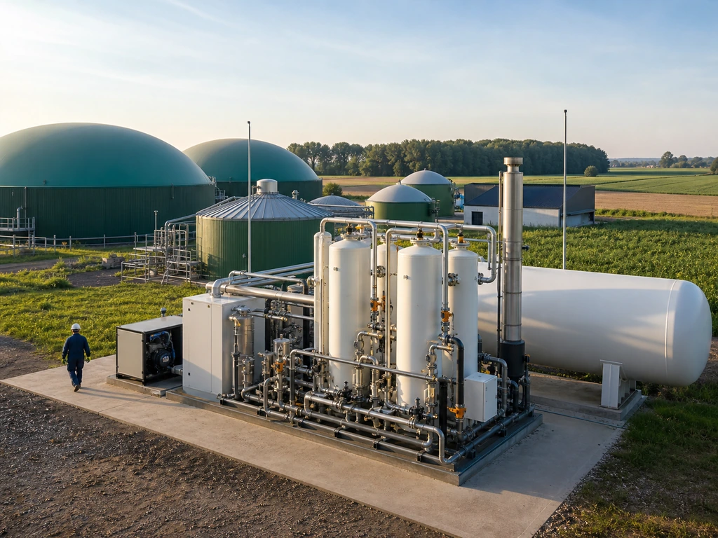 PSA biogas upgrading facility producing biomethane beside anaerobic digesters and farmland.