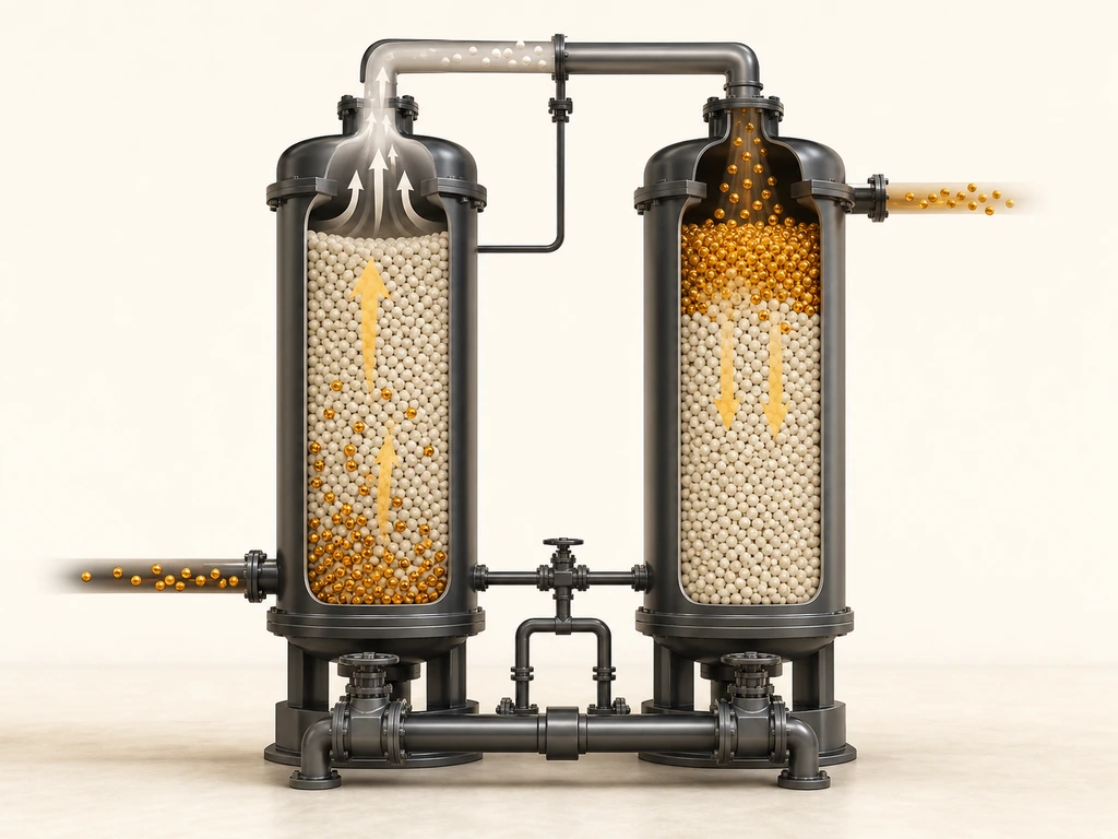 Two-bed pressure swing adsorption system alternating between gas separation and regeneration.