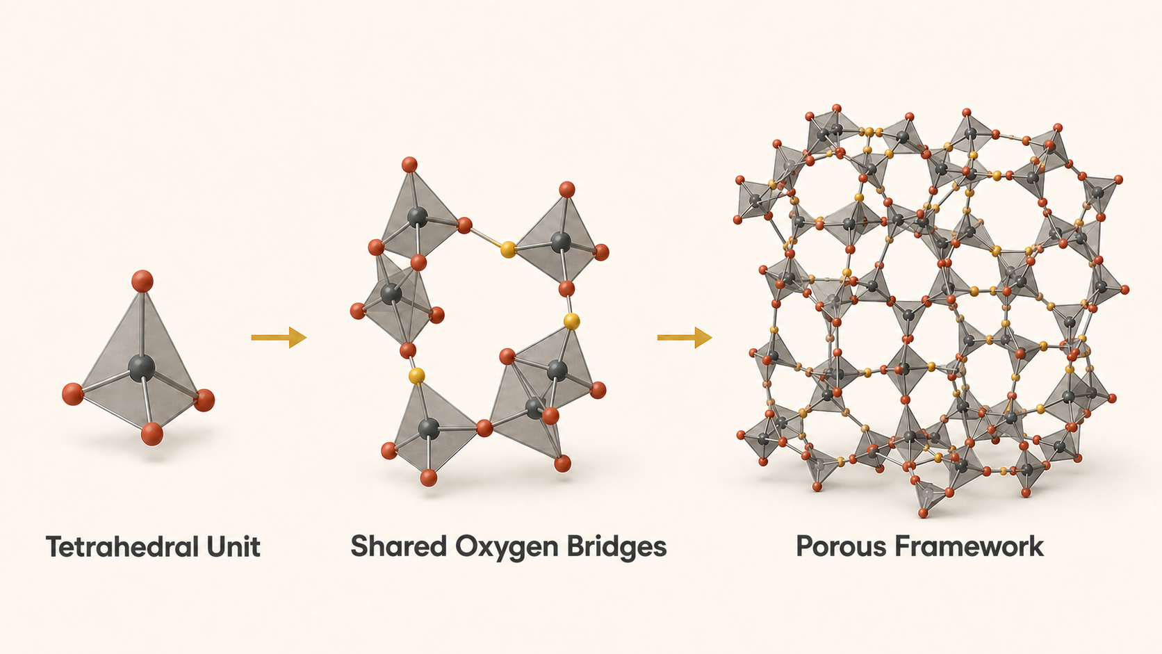 Three stages show a tetrahedral unit, shared oxygen bridges, and an extended porous zeolite framework