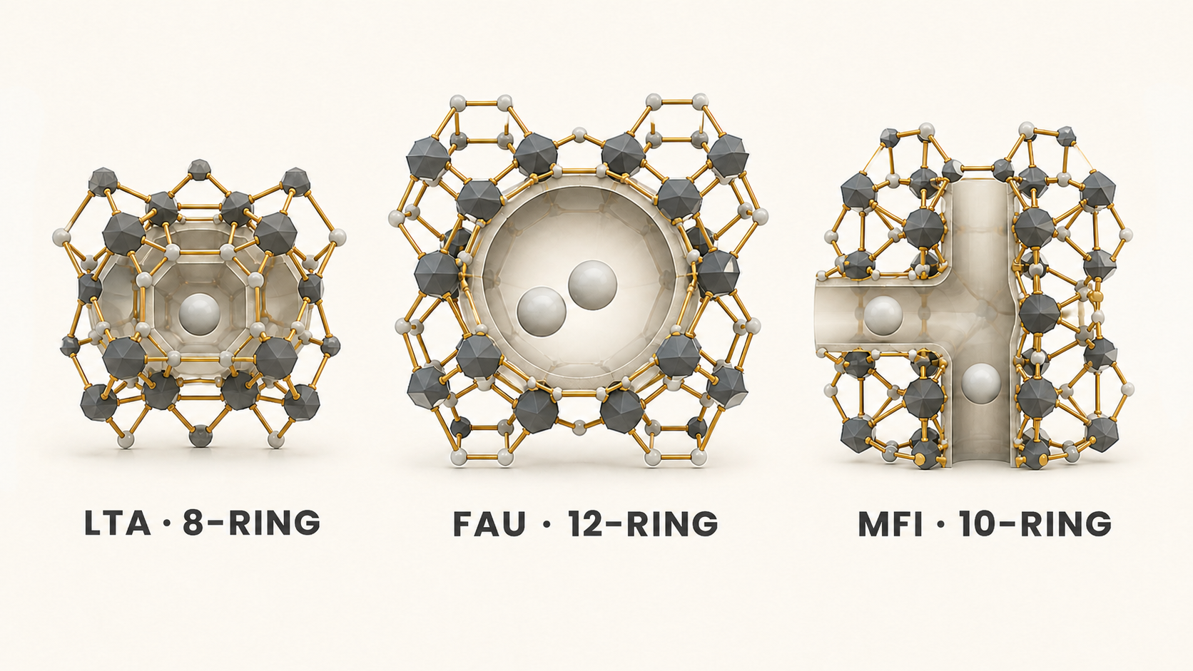 Comparison of LTA 8-ring, FAU 12-ring, and MFI 10-ring zeolite pore architectures
