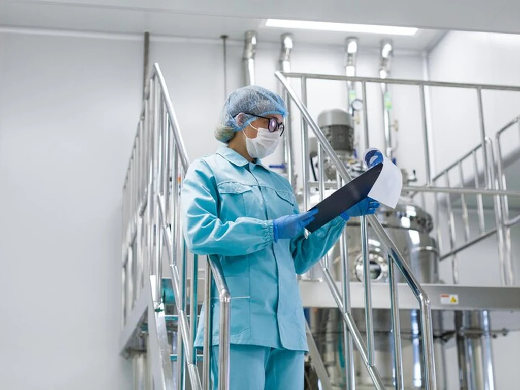 Técnico a monitorizar equipamentos de processo durante o controlo de qualidade industrial.