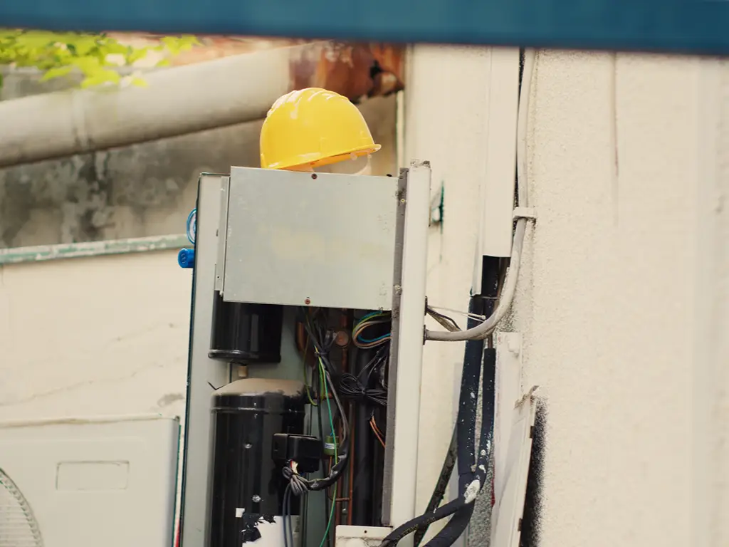 Professional engineer inspecting opened panels and technical wiring prior to equipment service.
